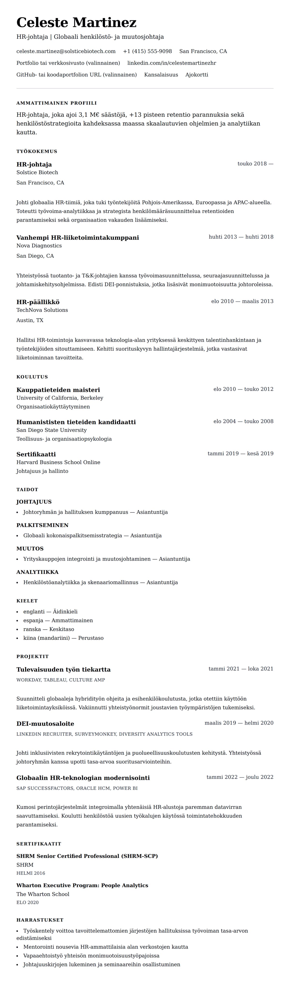 Ansioluetteloesikatselu kohteelle HR-johtajan ansioluetteloesimerkki