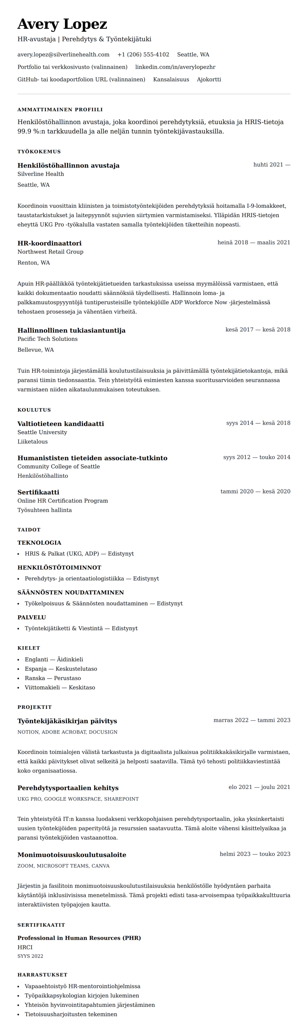 Ansioluetteloesikatselu kohteelle Henkilöstöhallinnon avustaja CV-esimerkki