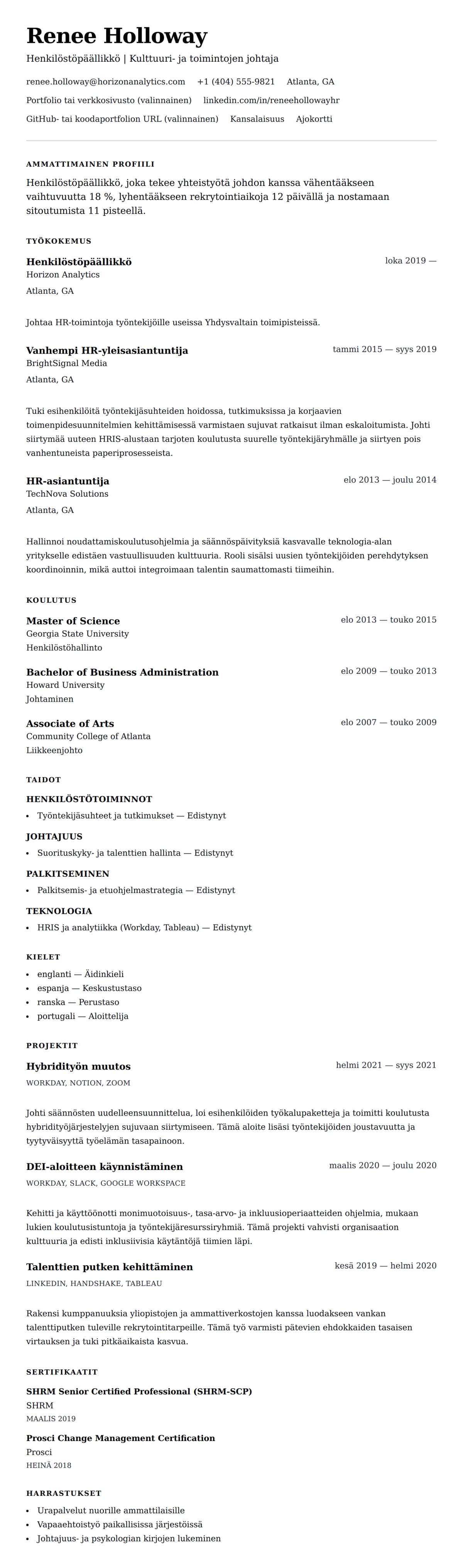 Ansioluetteloesikatselu kohteelle Henkilöstöpäällikön ansioluetteloesimerkki