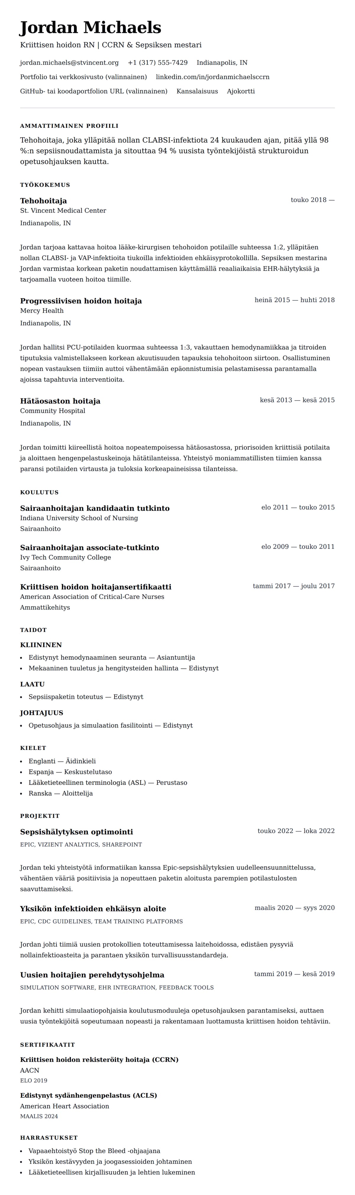 Ansioluetteloesikatselu kohteelle Tehohoitajan ansioluettelon esimerkki