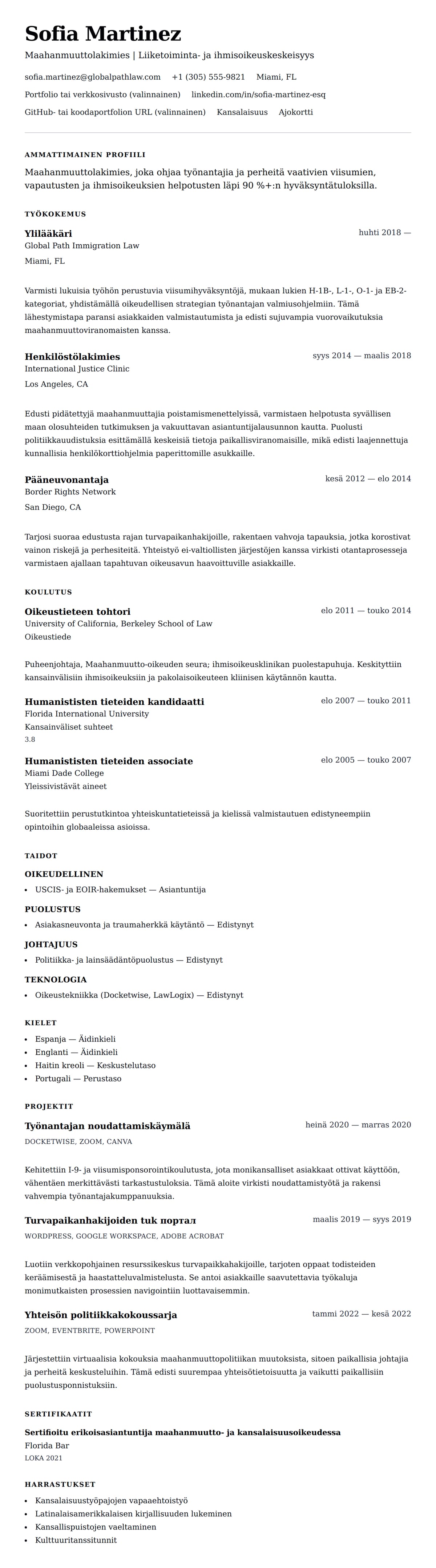 Ansioluetteloesikatselu kohteelle Maahanmuuttolakimiehen ansioluetteloesimerkki
