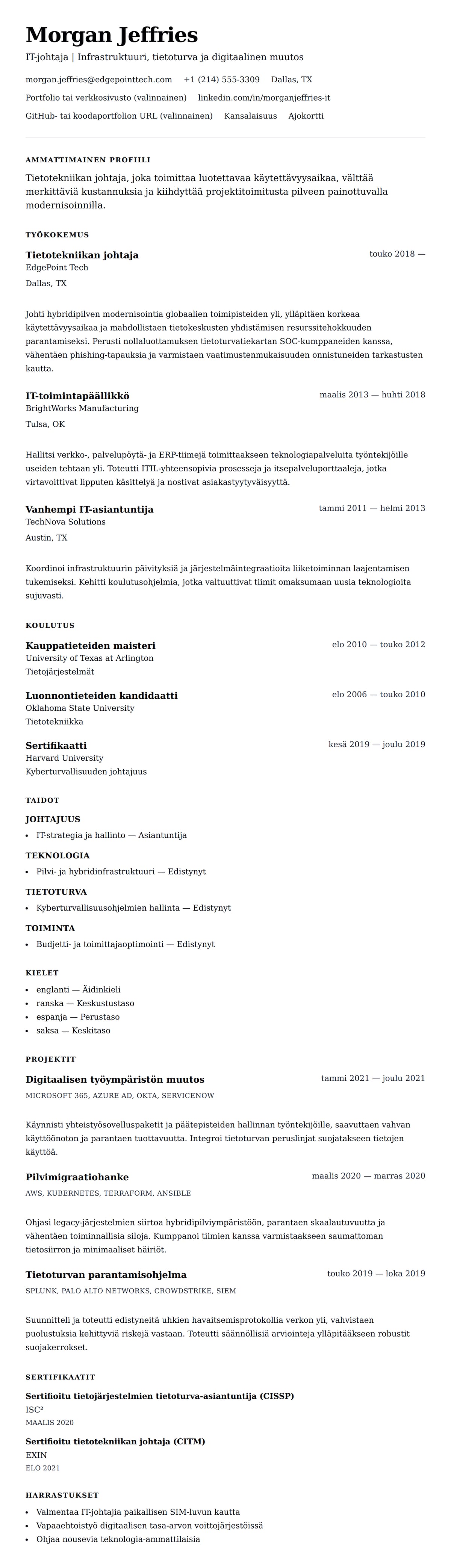 Ansioluetteloesikatselu kohteelle Tietotekniikan ammattilaisen ansioluetteloesimerkki