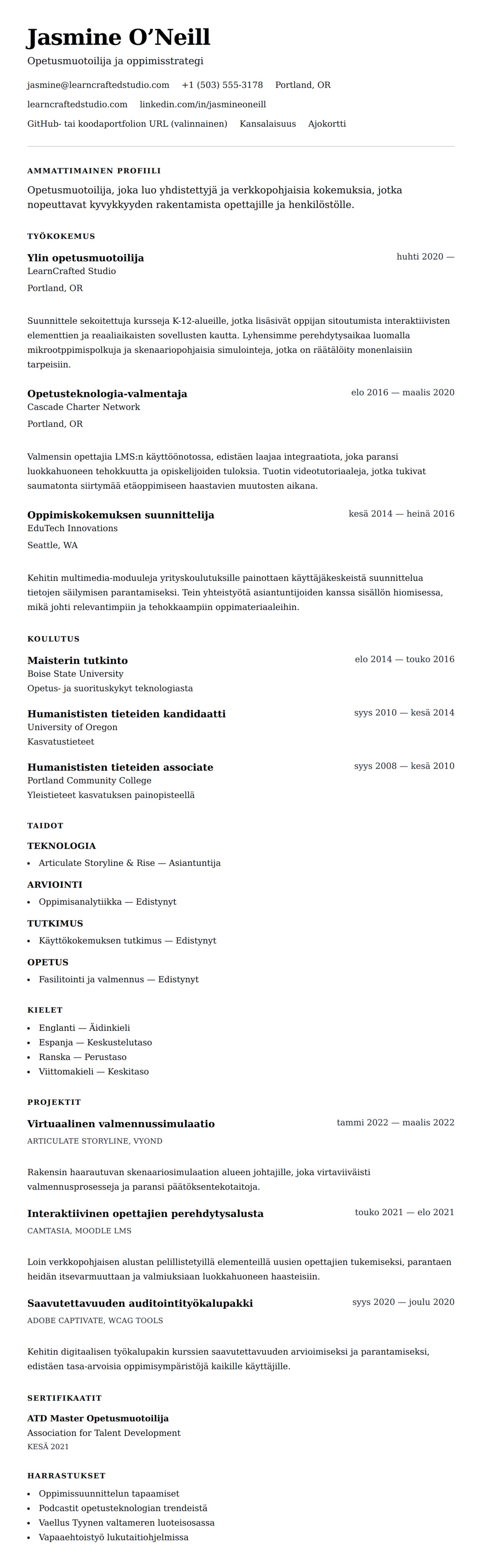 Ansioluetteloesikatselu kohteelle Opetusmuotoilijan CV-esimerkki