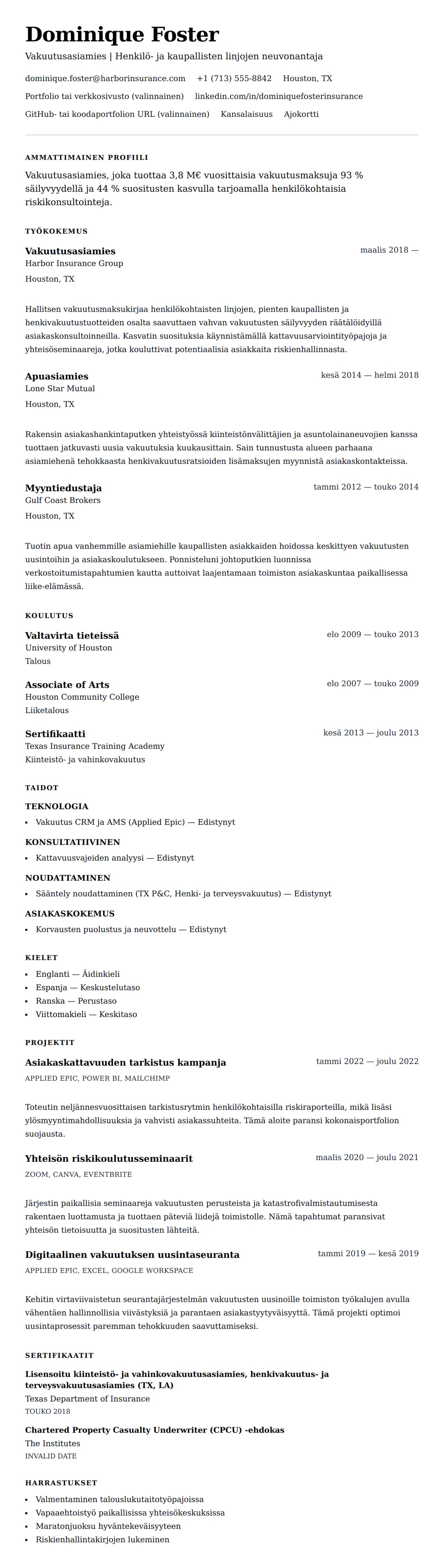 Ansioluetteloesikatselu kohteelle Vakuutusasiamiehen ansioluetteloesimerkki