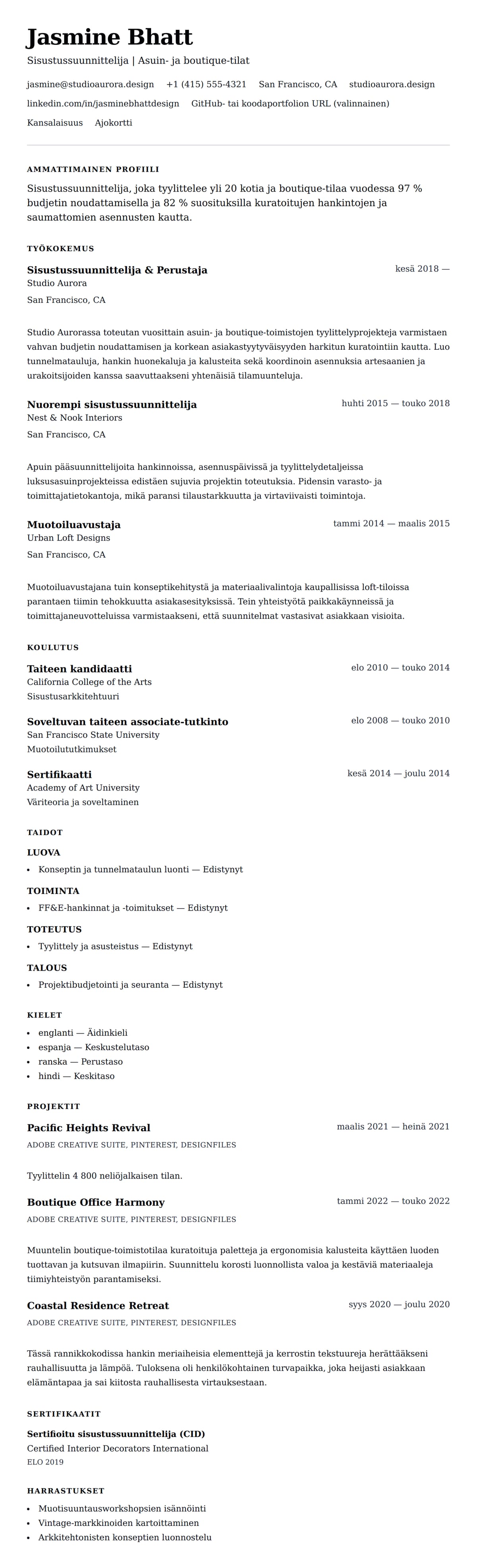 Ansioluetteloesikatselu kohteelle Sisustussuunnittelijan CV-esimerkki