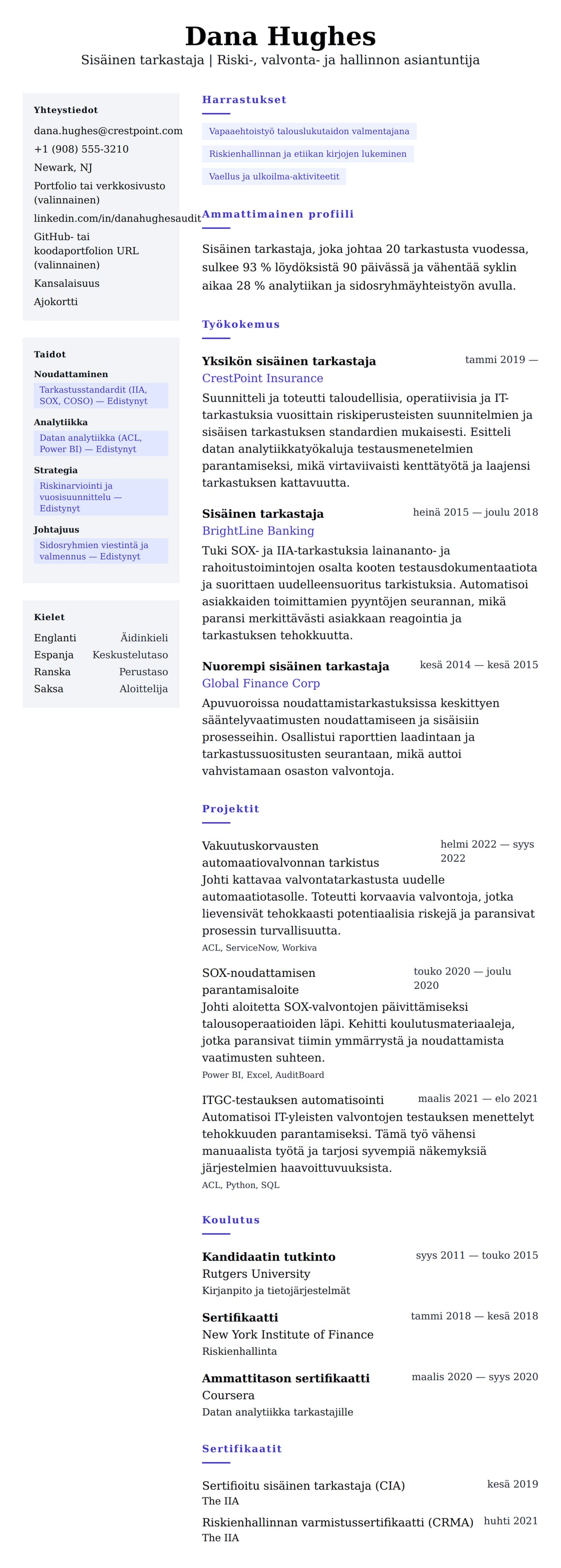 Ansioluetteloesikatselu kohteelle Sisäinen tarkastaja CV-esimerkki