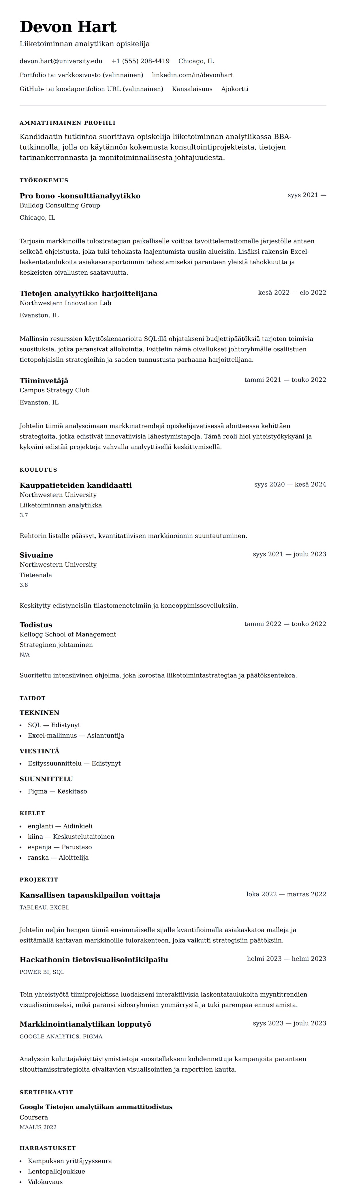 Ansioluetteloesikatselu kohteelle Harjoittelun ansioluetteloesimerkki