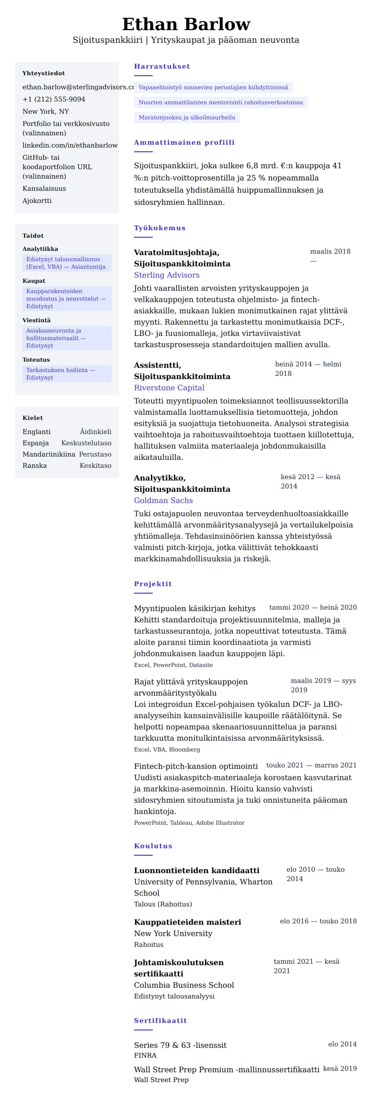 Ansioluetteloesikatselu kohteelle Sijoituspankkiirin ansioluetteloesimerkki