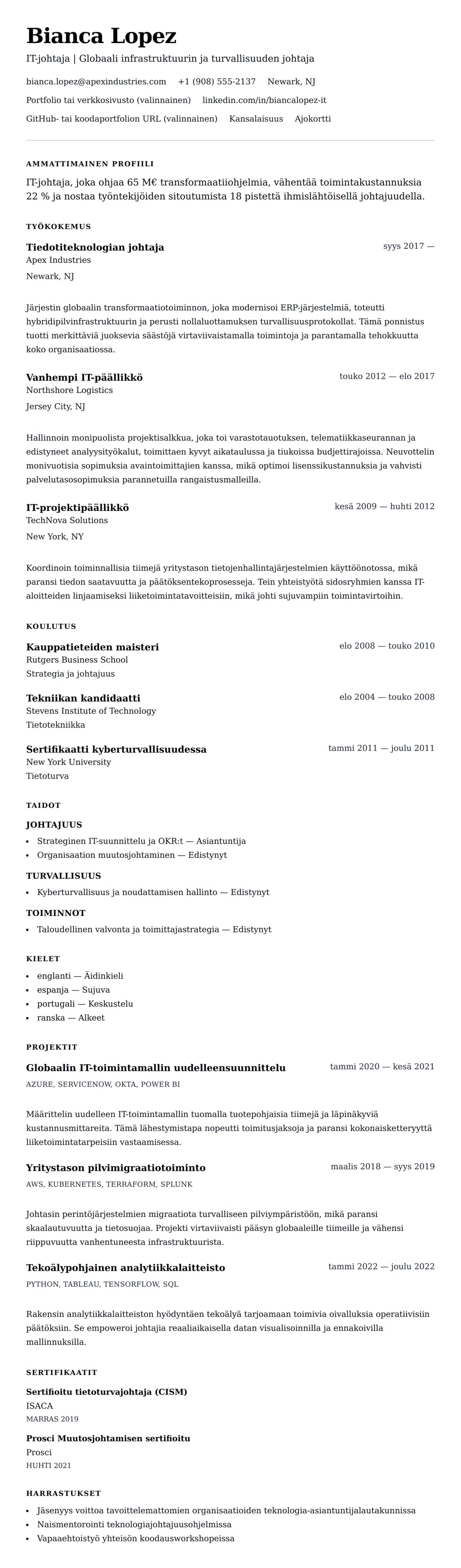 Ansioluetteloesikatselu kohteelle IT-johtajan ansioluetteloesimerkki