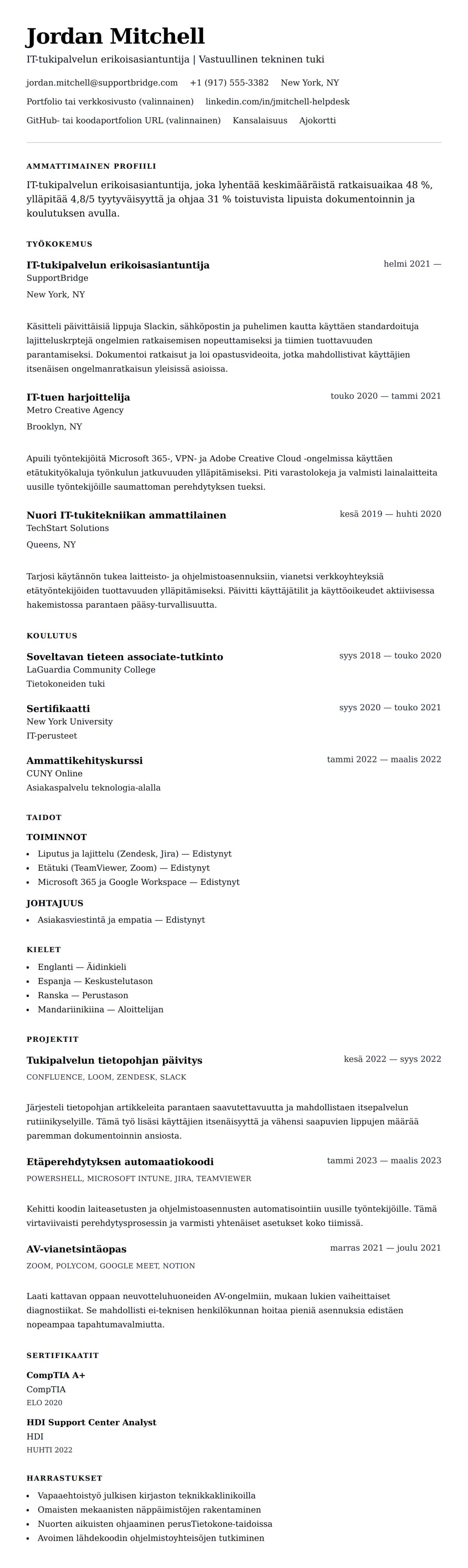 Ansioluetteloesikatselu kohteelle IT-tukipalvelun ansioluetteloesimerkki