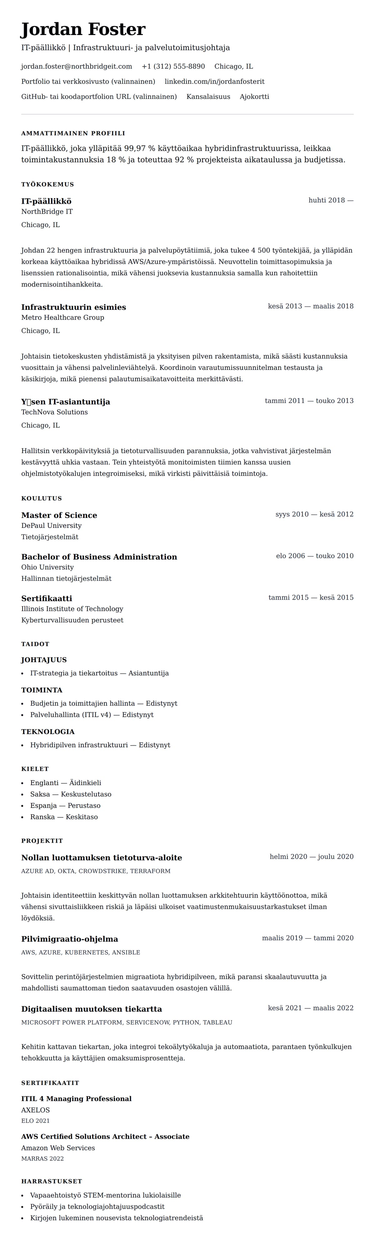 Ansioluetteloesikatselu kohteelle IT-päällikön ansioluettelo-esimerkki