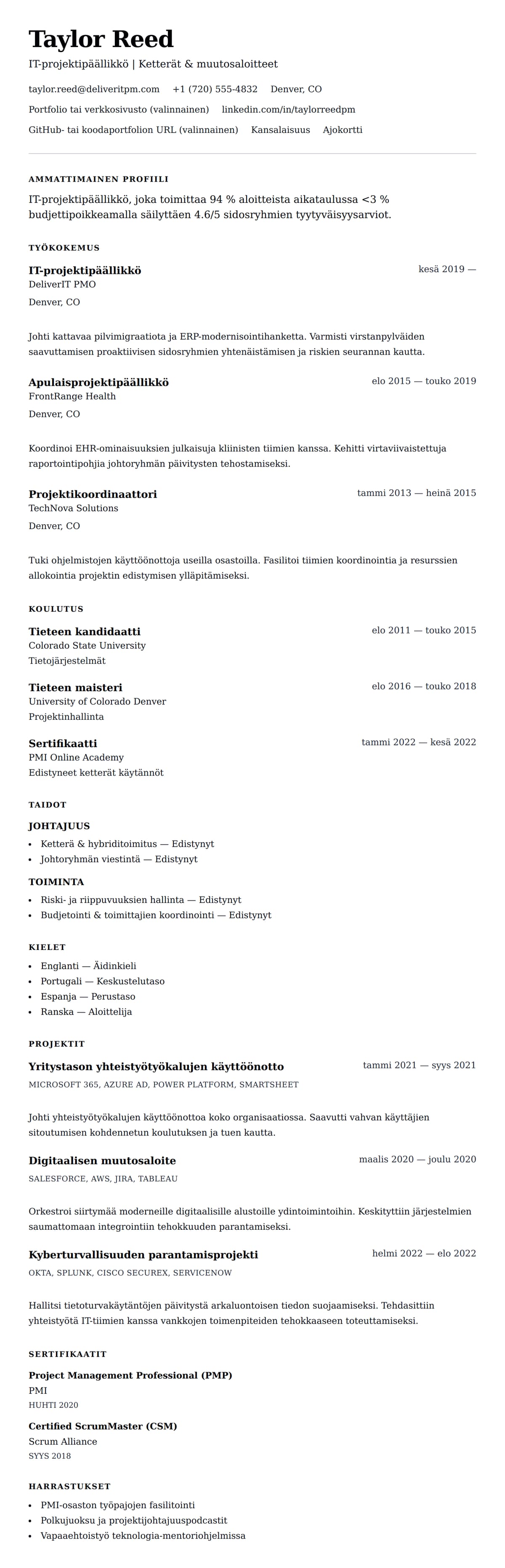 Ansioluetteloesikatselu kohteelle IT-projektipäällikön ansioluetteloesimerkki