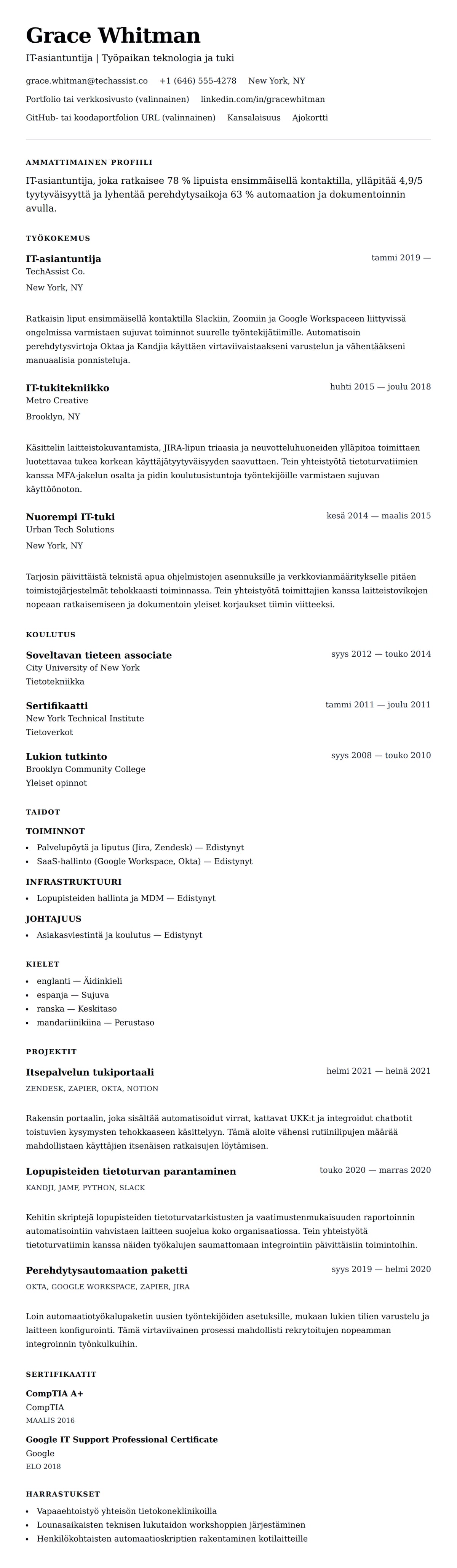 Ansioluetteloesikatselu kohteelle IT-asiantuntijan ansioluetteloesimerkki