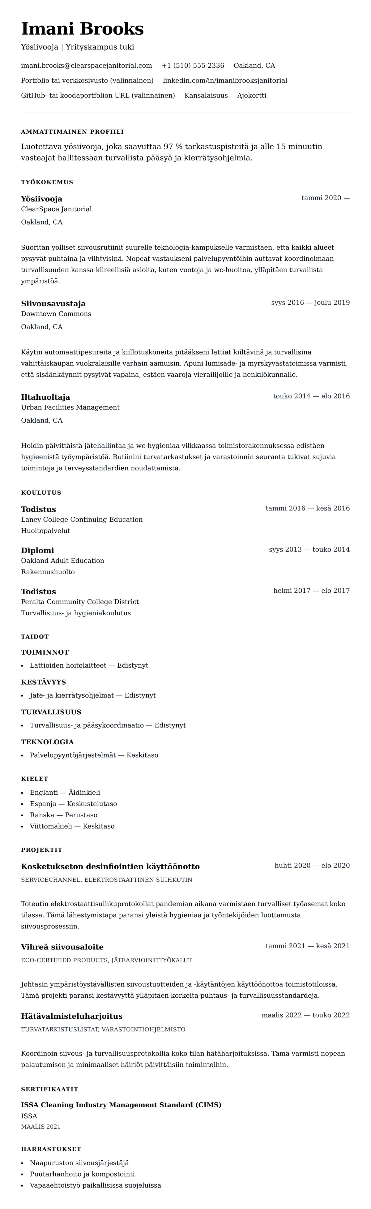 Ansioluetteloesikatselu kohteelle Siivoojan ansioluettelo esimerkki