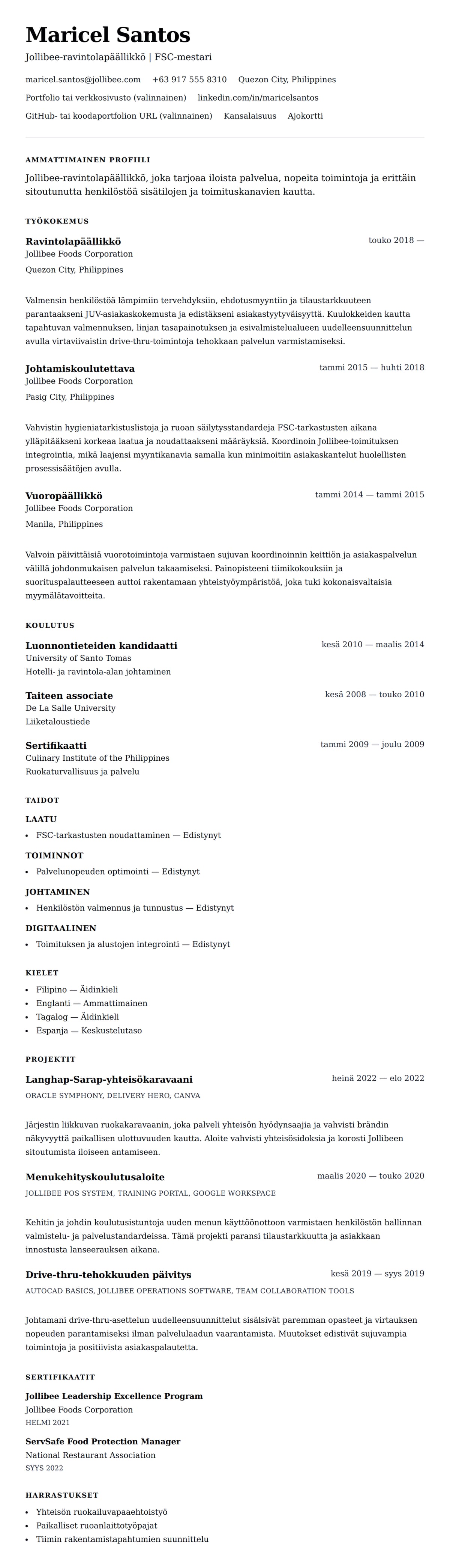 Ansioluetteloesikatselu kohteelle Jollibee-ravintolapäällikön ansioluetteloesimerkki