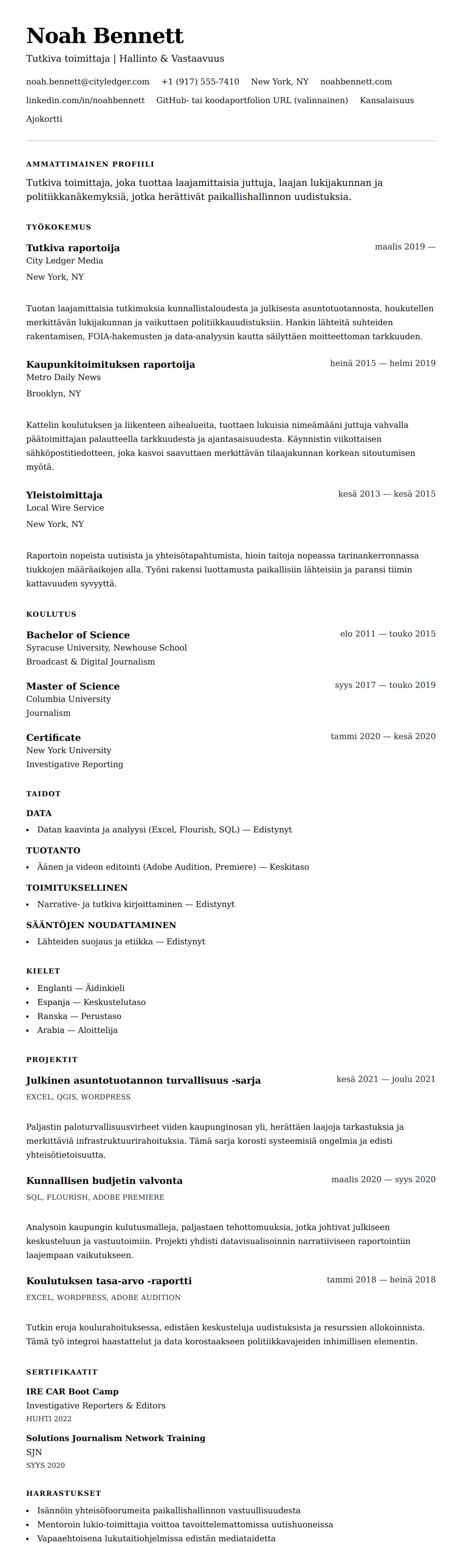 Ansioluetteloesikatselu kohteelle Toimittajan ansioluetteloesimerkki