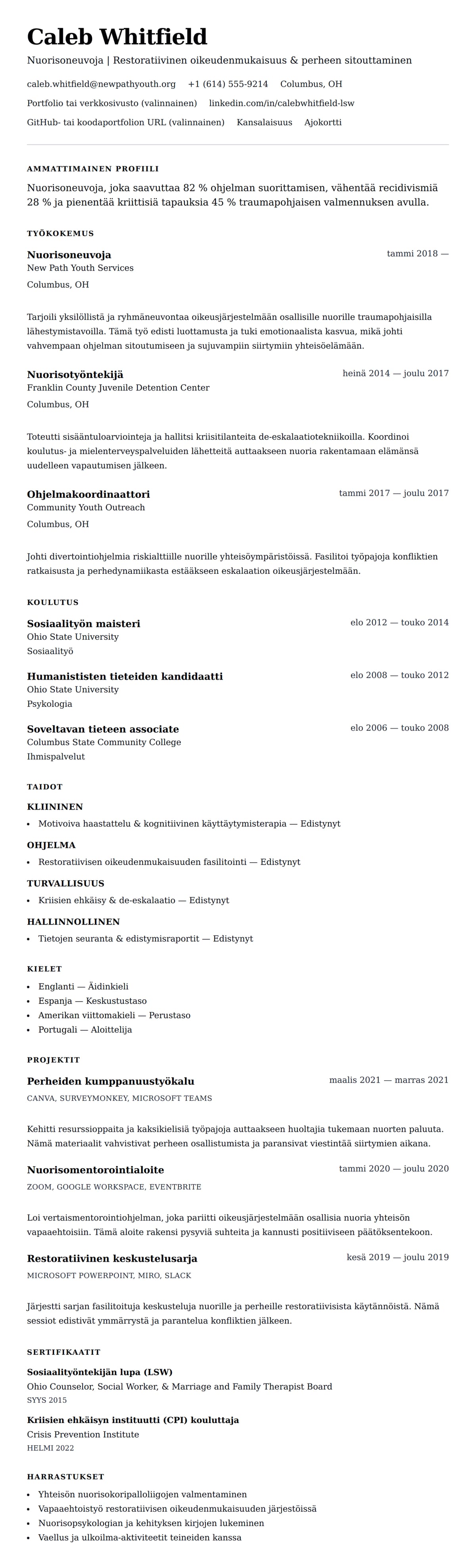 Ansioluetteloesikatselu kohteelle Nuorisoneuvojan ansioluettelon esimerkki
