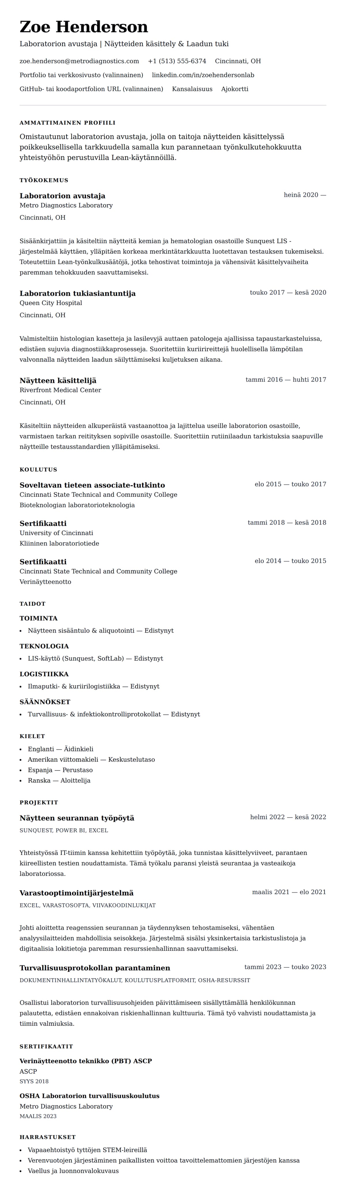 Ansioluetteloesikatselu kohteelle Laboratorion avustajan ansioluetteloesimerkki