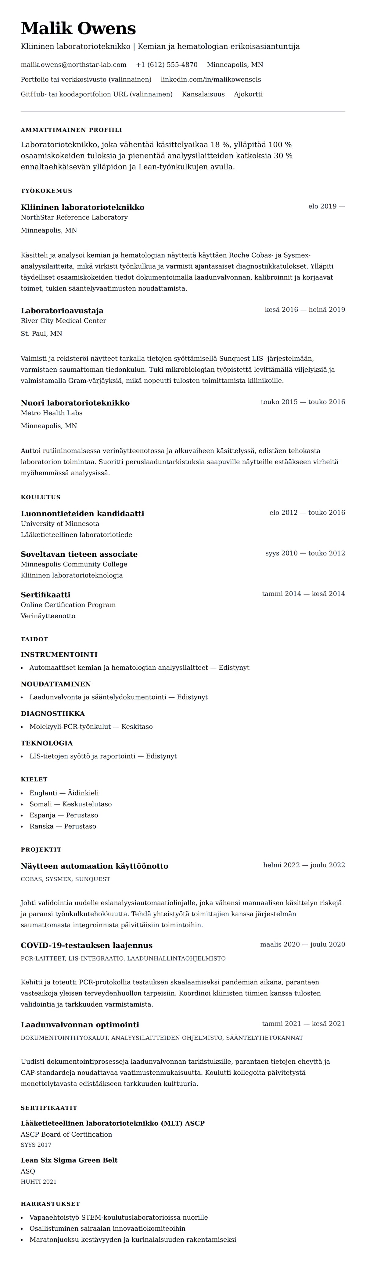 Ansioluetteloesikatselu kohteelle Laboratorioteknikon ansioluetteloesimerkki