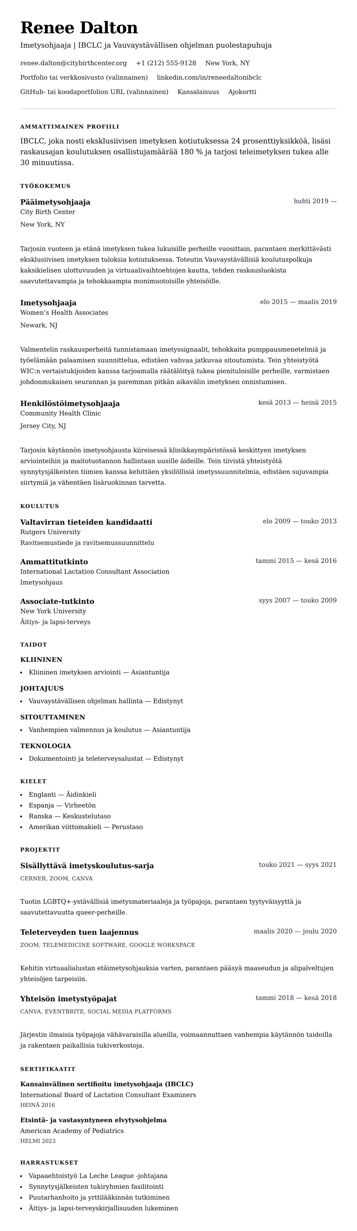 Ansioluetteloesikatselu kohteelle Imetysohjaajan ansioluetteloesimerkki