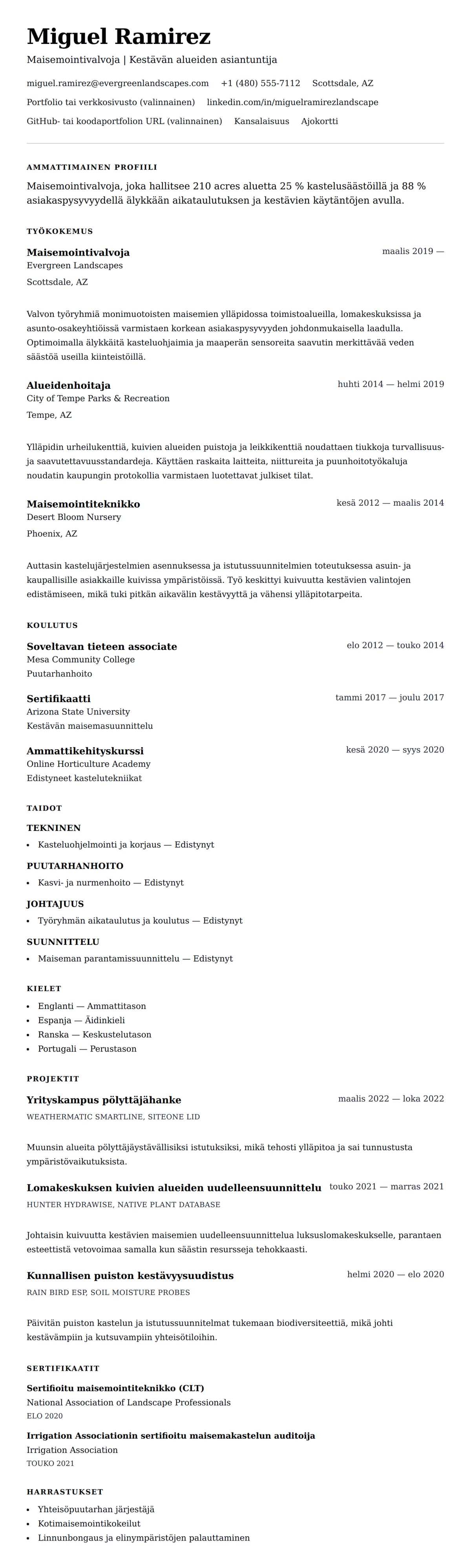 Ansioluetteloesikatselu kohteelle Maisemoinnin ansioluetteloesimerkki