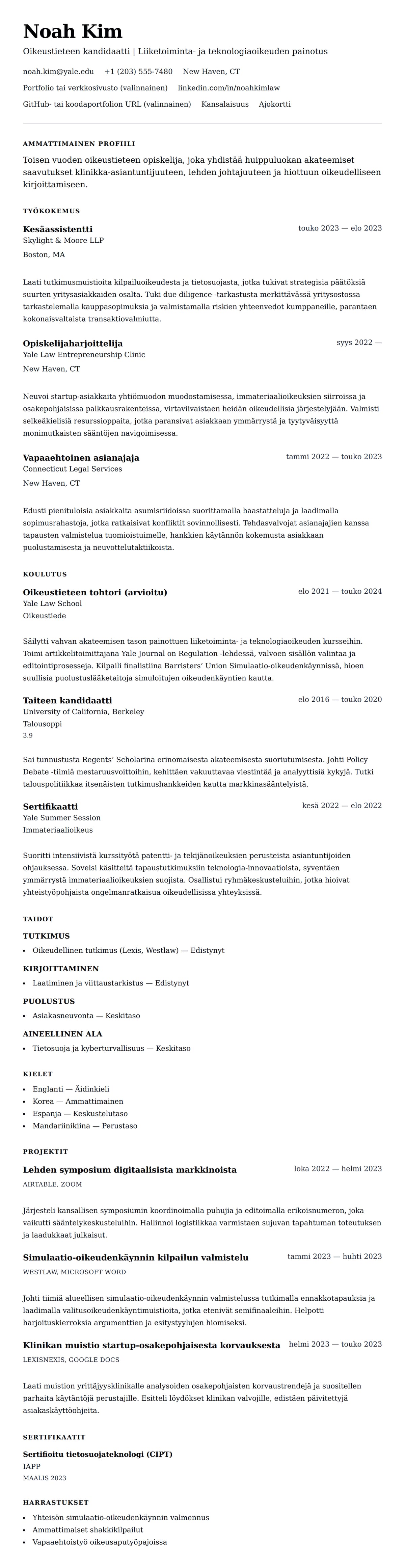 Ansioluetteloesikatselu kohteelle Oikeustieteen opiskelijan ansioluetteloesimerkki