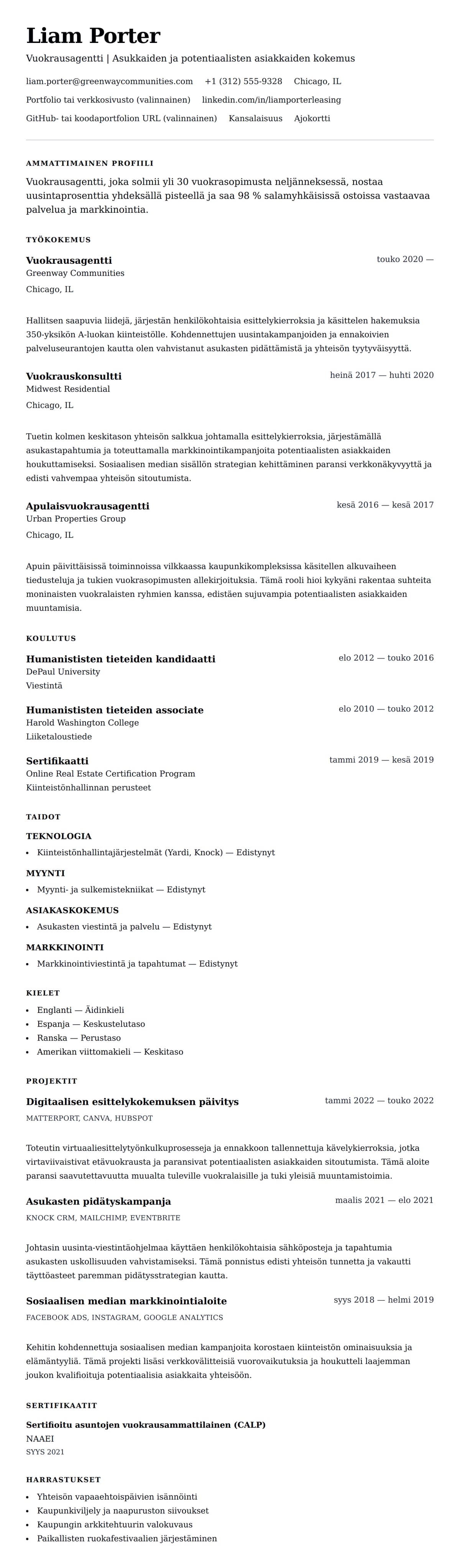 Ansioluetteloesikatselu kohteelle Vuokrausagentin CV-esimerkki