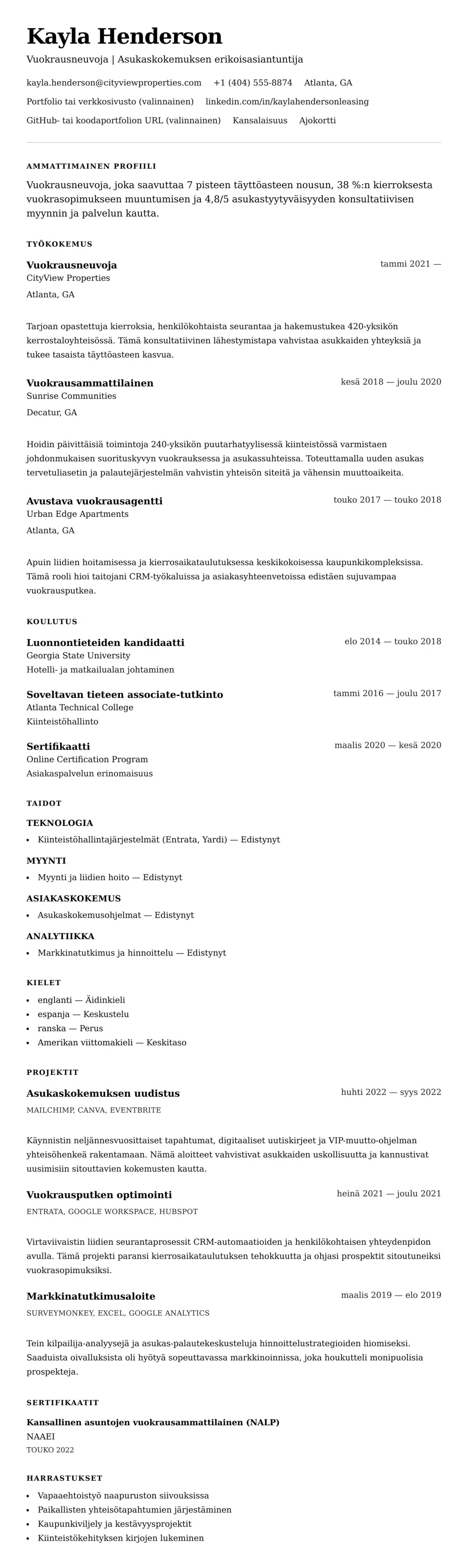 Ansioluetteloesikatselu kohteelle Vuokrausneuvojan ansioluetteloesimerkki