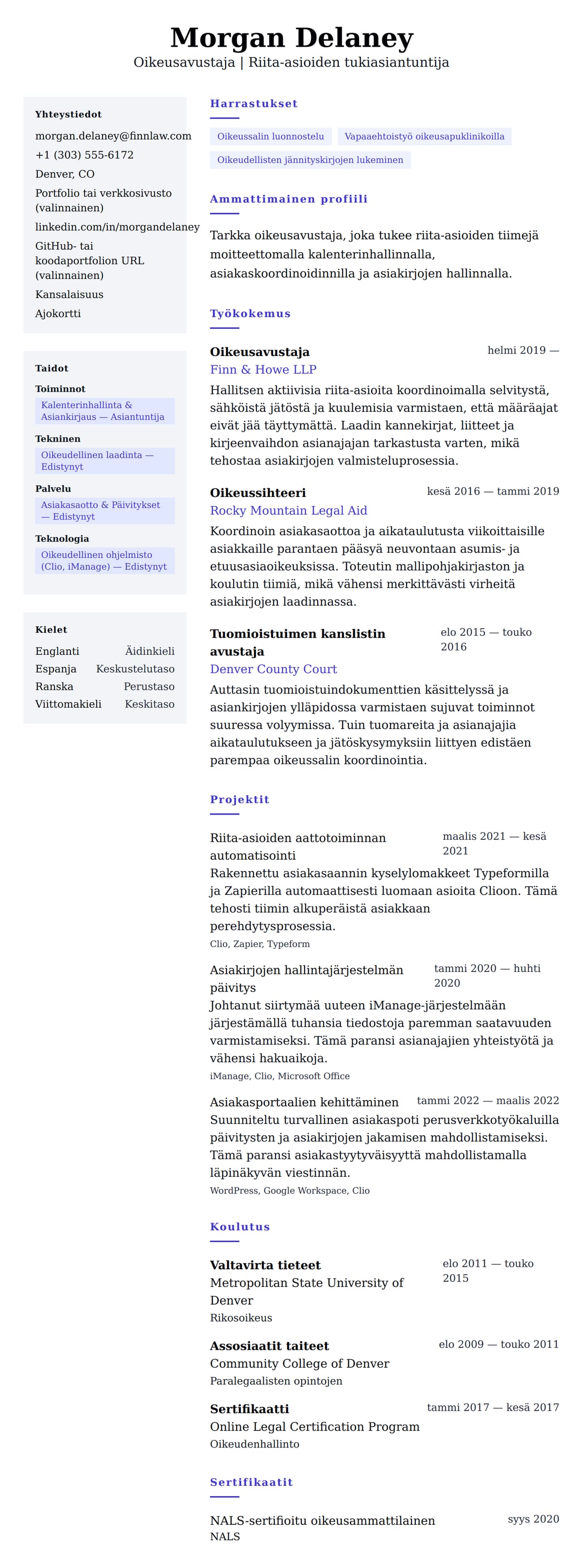 Ansioluetteloesikatselu kohteelle Oikeusavustajan CV-esimerkki