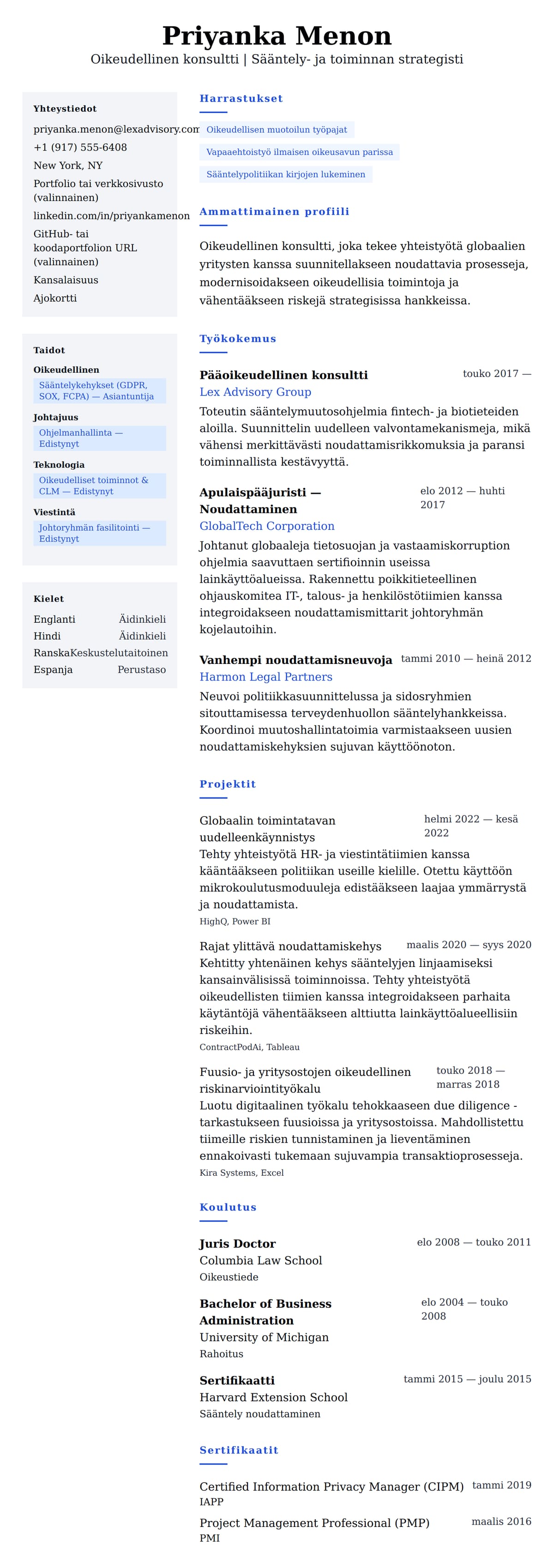 Ansioluetteloesikatselu kohteelle Oikeudellisen konsultin ansioluetteloesimerkki