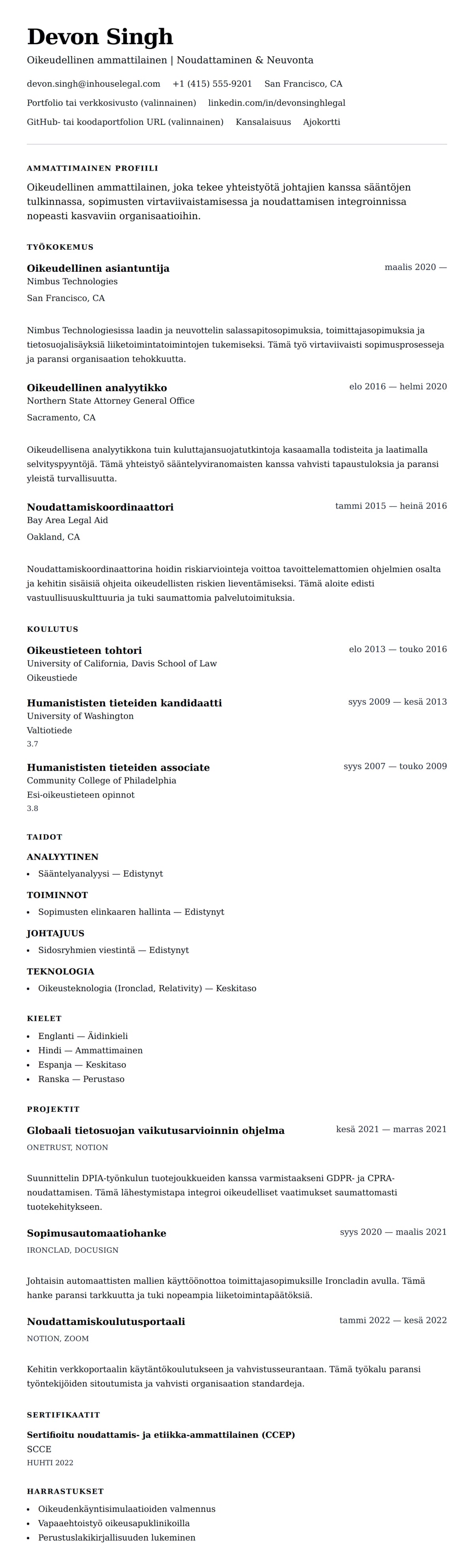 Ansioluetteloesikatselu kohteelle Oikeudellisen ammattilaisen ansioluetteloesimerkki