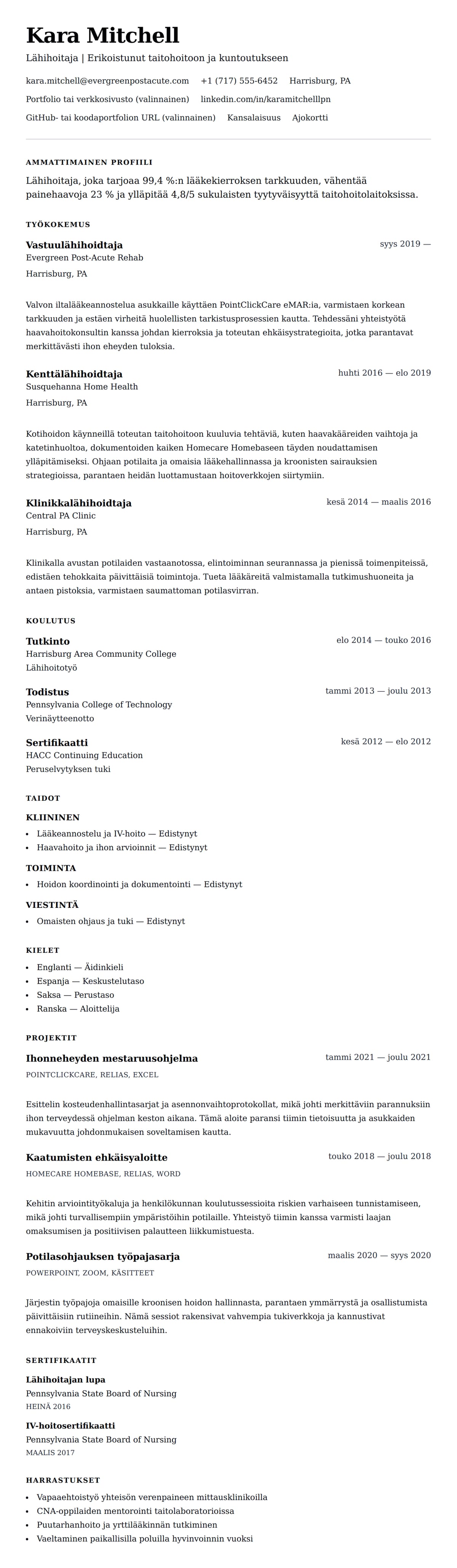 Ansioluetteloesikatselu kohteelle Lähihoitaja (LPN) Ansioluetteloesimerkki