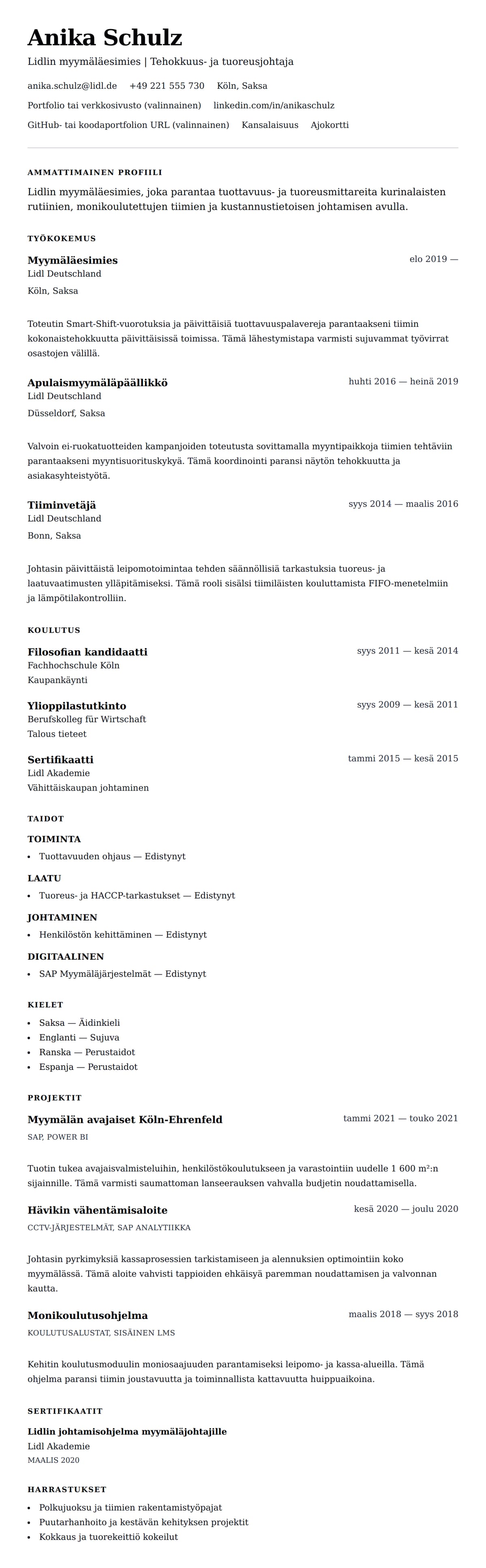 Ansioluetteloesikatselu kohteelle Lidlin myymäläesimiehen ansioluetteloesimerkki