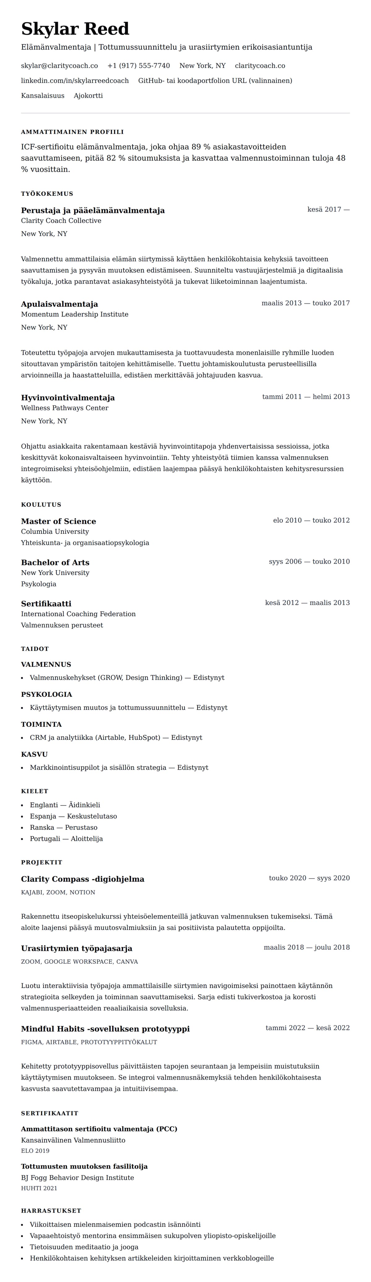 Ansioluetteloesikatselu kohteelle Elämänvalmentajan CV-esimerkki