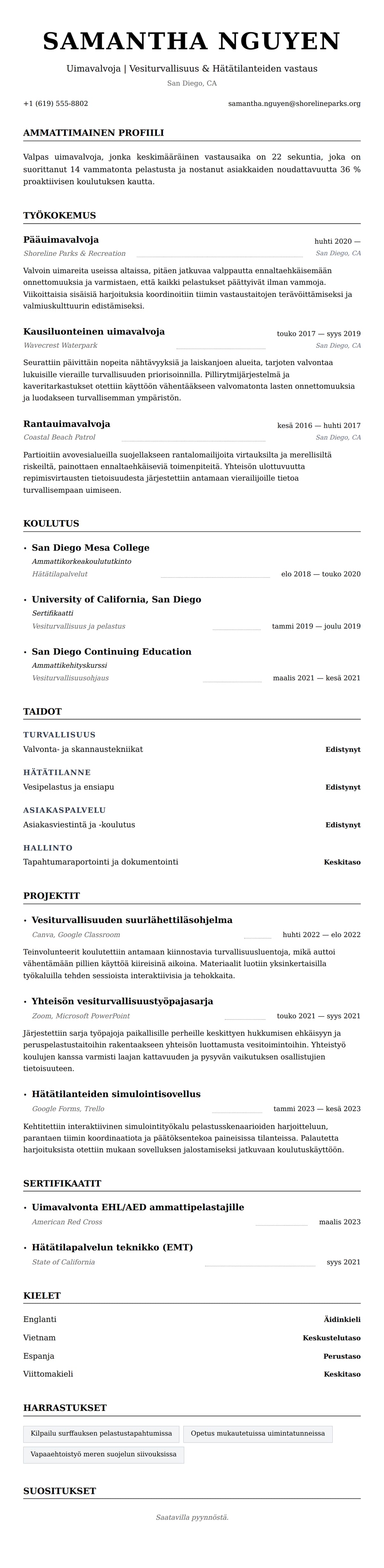 Ansioluetteloesikatselu kohteelle Uimavalvojan ansioluettelo-esimerkki