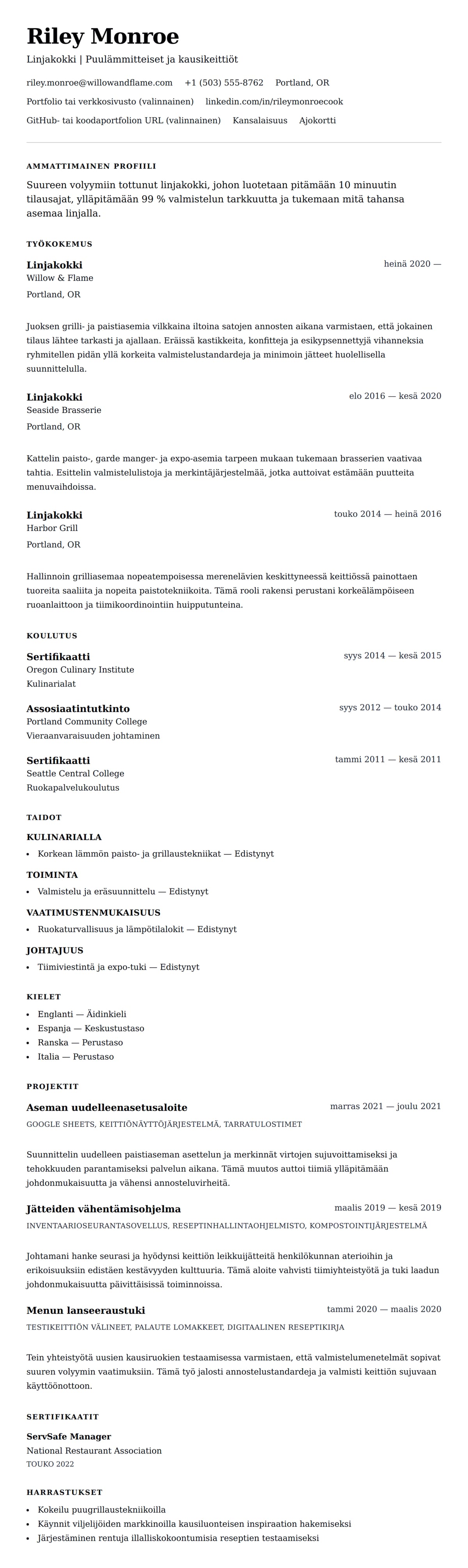 Ansioluetteloesikatselu kohteelle Linjakokki CV-esimerkki