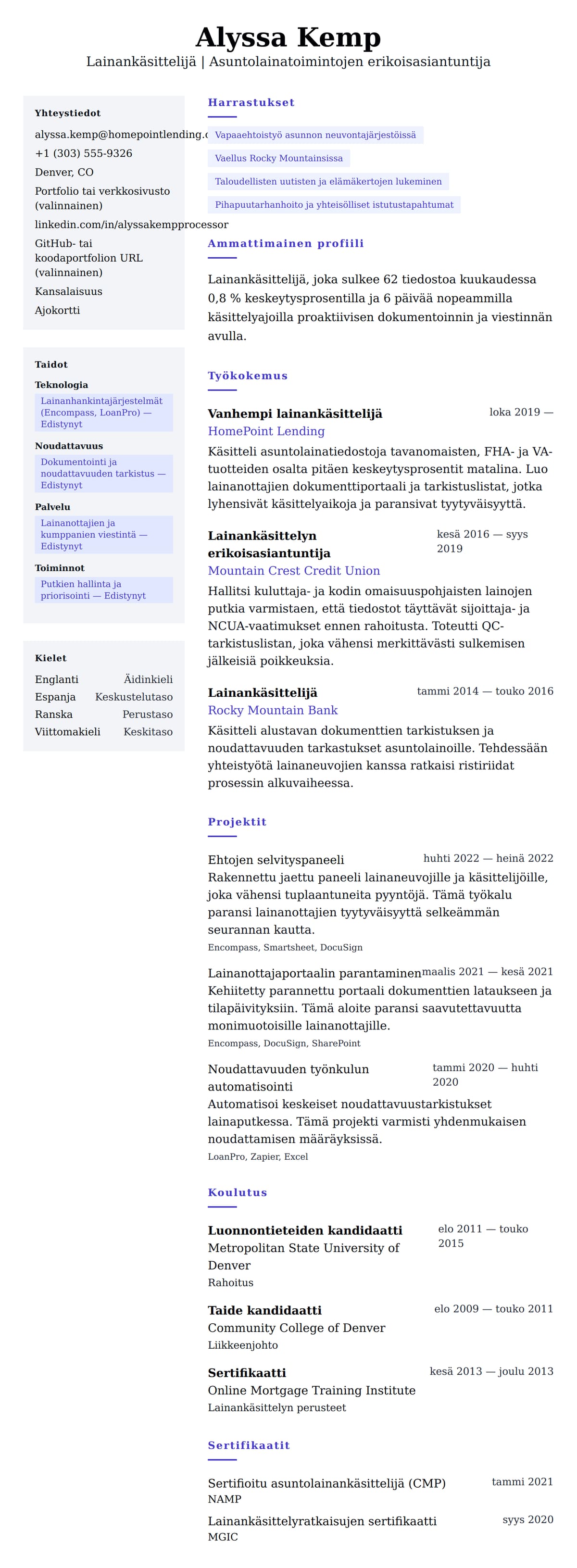 Ansioluetteloesikatselu kohteelle Lainankäsittelijän ansioluetteloesimerkki