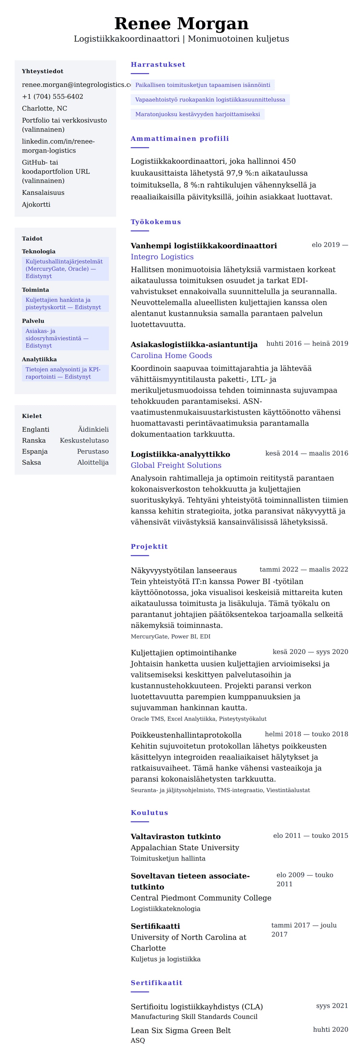 Ansioluetteloesikatselu kohteelle Logistiikkakoordinaattorin ansioluettelo-esimerkki