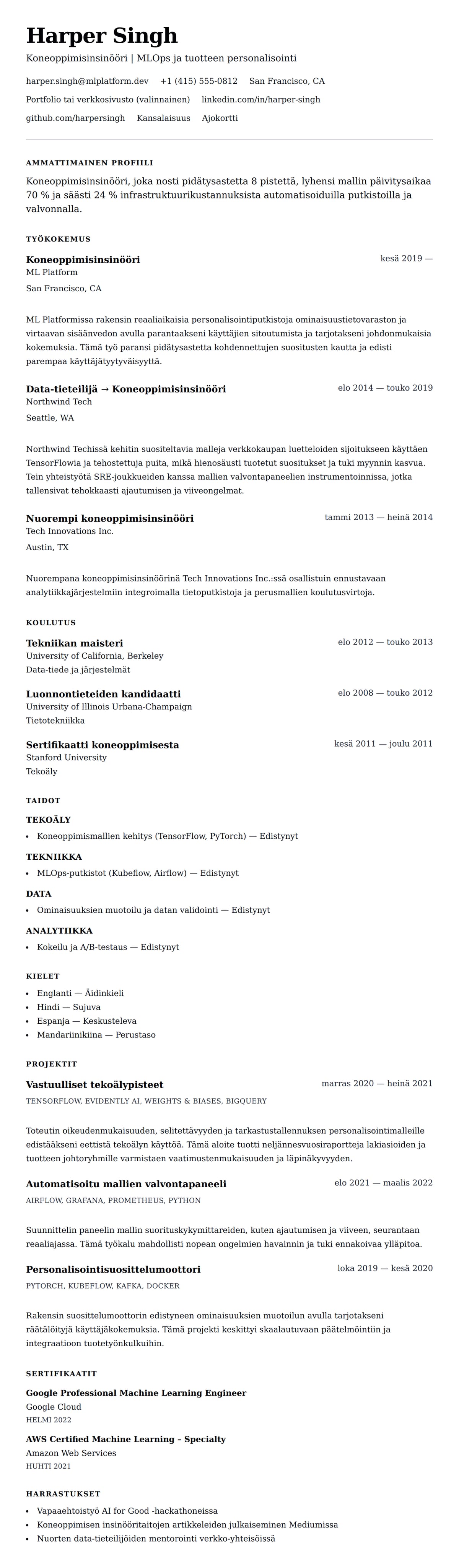 Ansioluetteloesikatselu kohteelle Koneoppimisinsinöörin ansioluetteloesimerkki