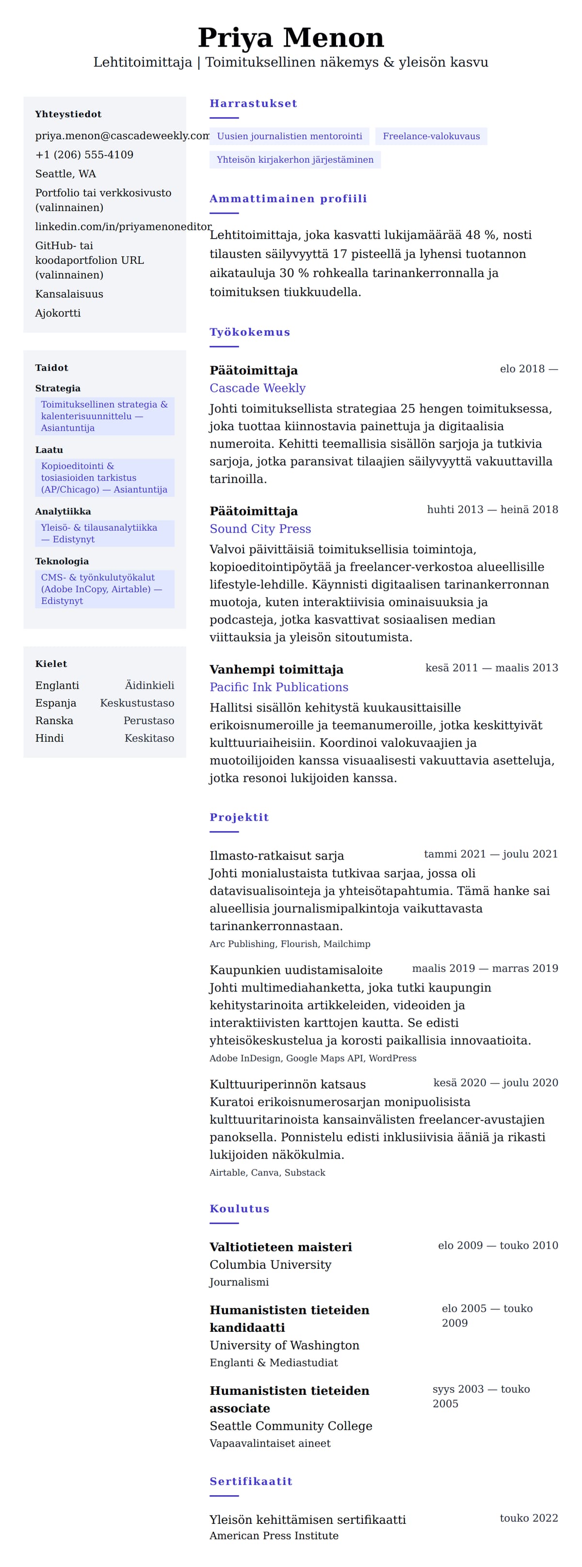Ansioluetteloesikatselu kohteelle Lehtitoimittajan ansioluettelo-esimerkki