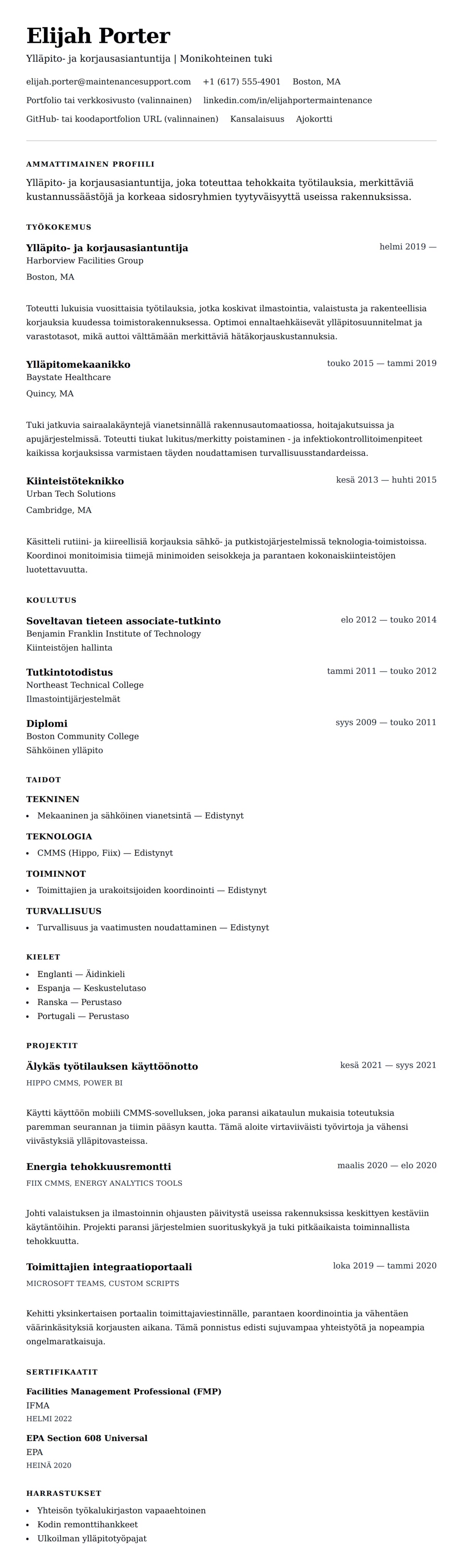 Ansioluetteloesikatselu kohteelle Ylläpito ja korjaus ansioluettelon esimerkki