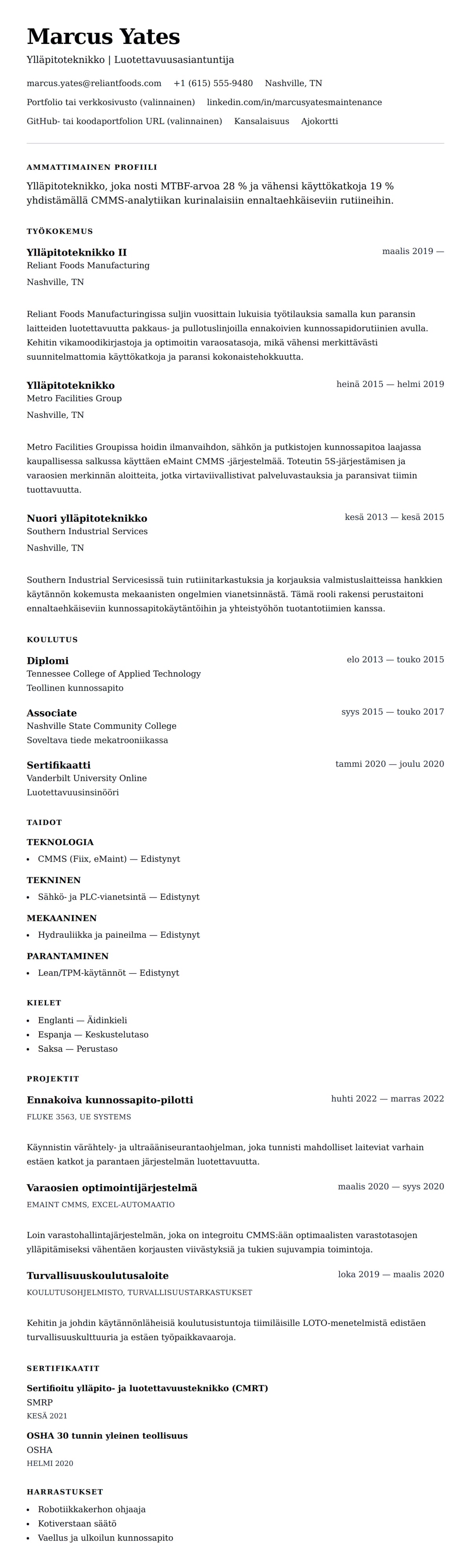 Ansioluetteloesikatselu kohteelle Ylläpitoteknikon ansioluetteloesimerkki