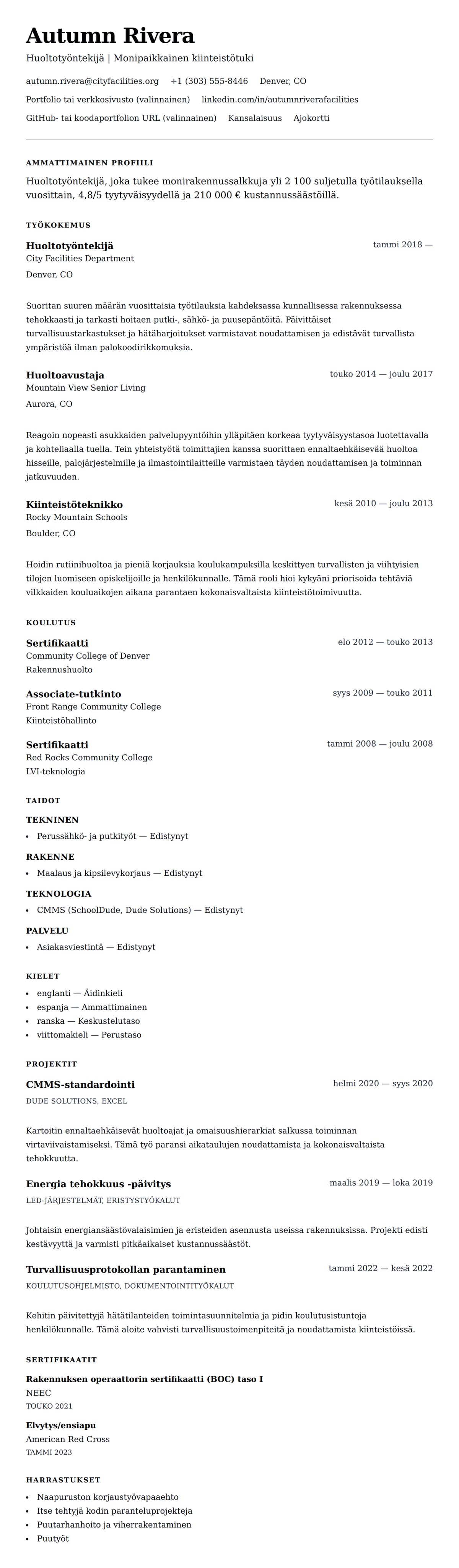 Ansioluetteloesikatselu kohteelle Huoltotyöntekijän ansioluetteloesimerkki