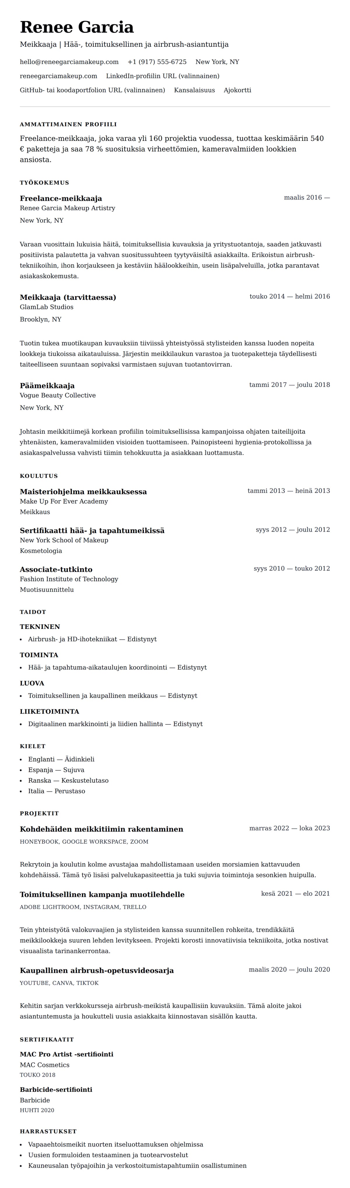 Meikkaajan ansioluetteloesimerkki