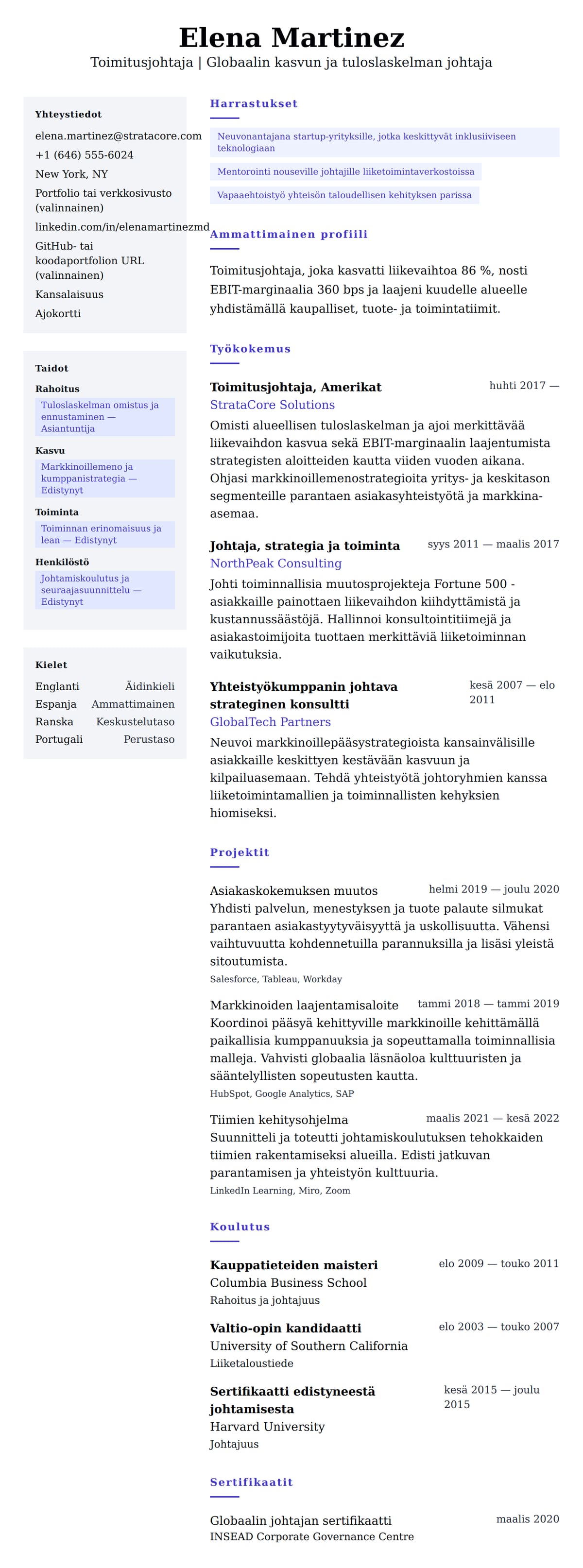 Ansioluetteloesikatselu kohteelle Toimitusjohtajan ansioluetteloesimerkki