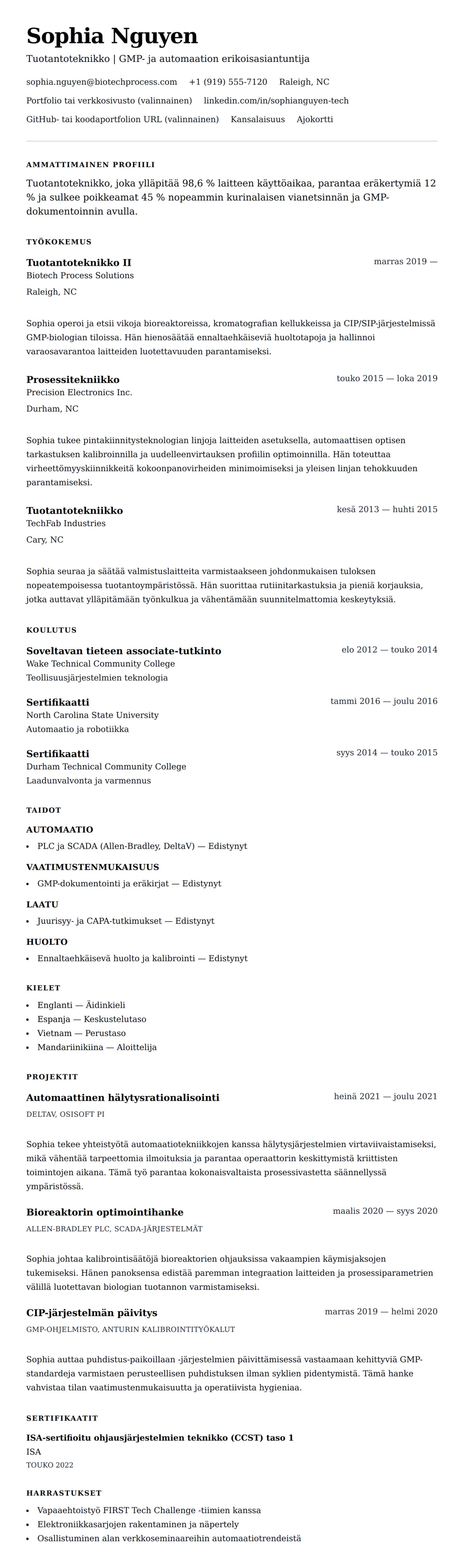 Ansioluetteloesikatselu kohteelle Tuotantoteknikon ansioluetteloesimerkki