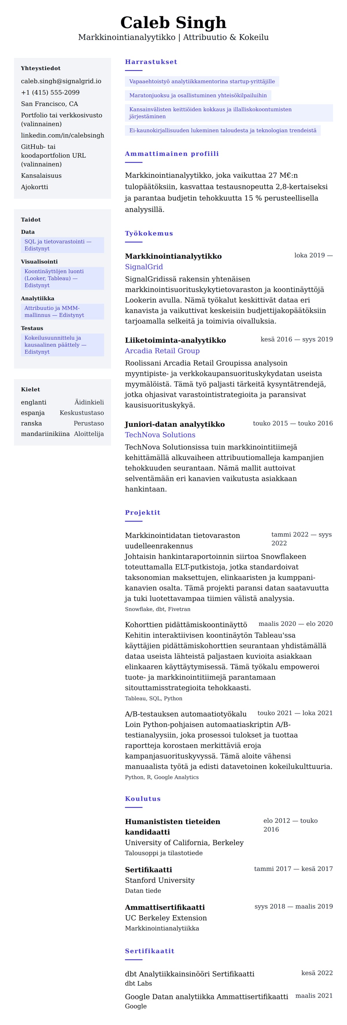 Ansioluetteloesikatselu kohteelle Markkinointianalyytikon ansioluetteloesimerkki