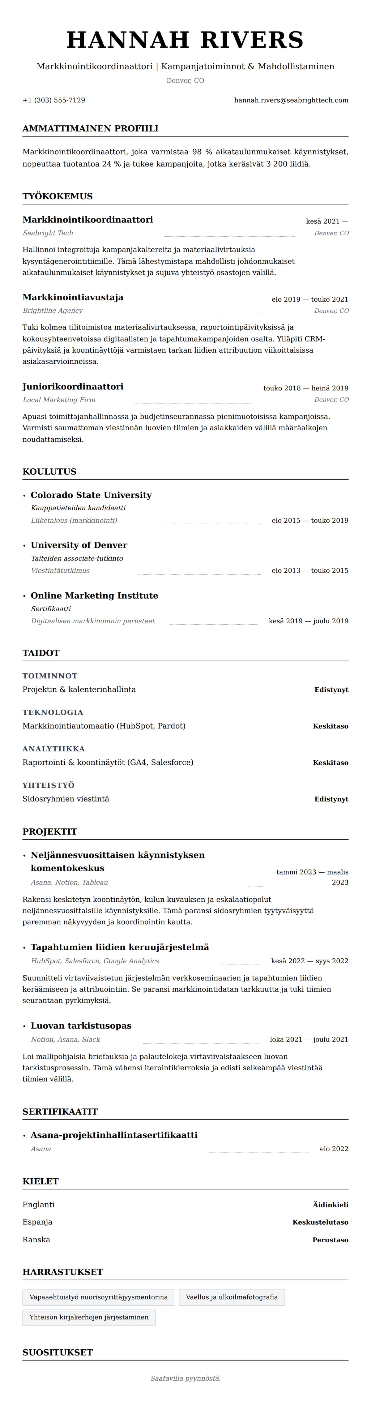 Ansioluetteloesikatselu kohteelle Markkinointikoordinaattorin ansioluetteloesimerkki