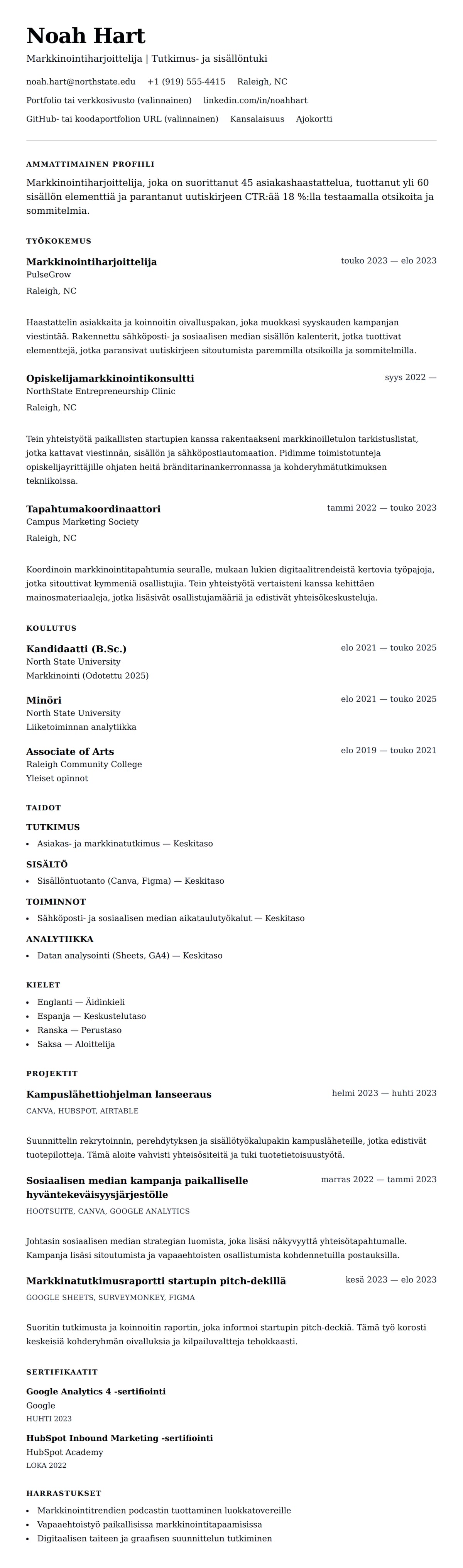 Ansioluetteloesikatselu kohteelle Markkinointiharjoittelijan ansioluettelon esimerkki