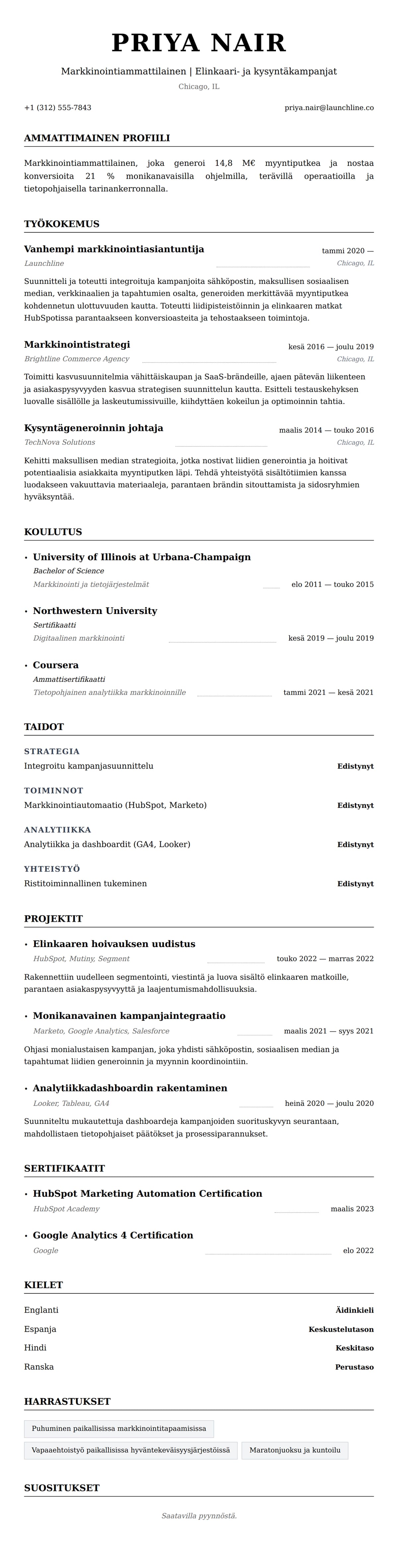 Ansioluetteloesikatselu kohteelle Markkinointiammattilaisen ansioluetteloesimerkki